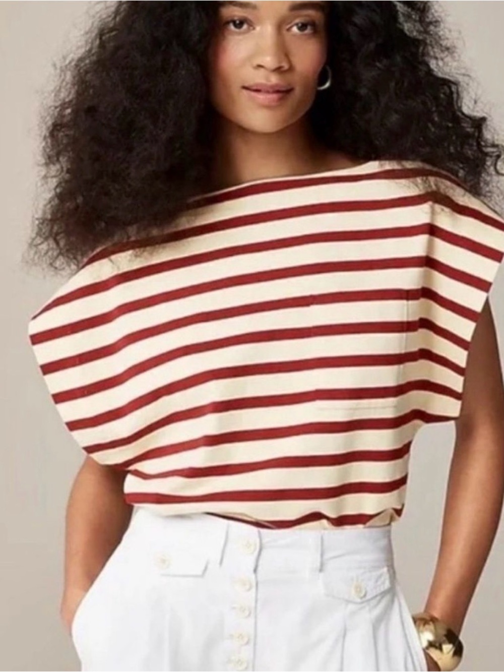J.Crew Mariner Striped Boatneck Pocket Top | Burgundy & Ivory | Medium